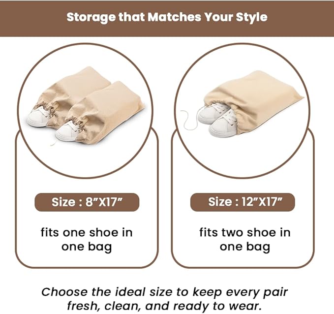 LFH Cotton Shoe Storage Bags with Drawstring, Dustproof Breathable Reusable Organizer, Perfect For Travel, Dorm, Hotel, College, Gym, Easy to Carry, 8"x17" (Pack of 2) - Natural Thanks Giving