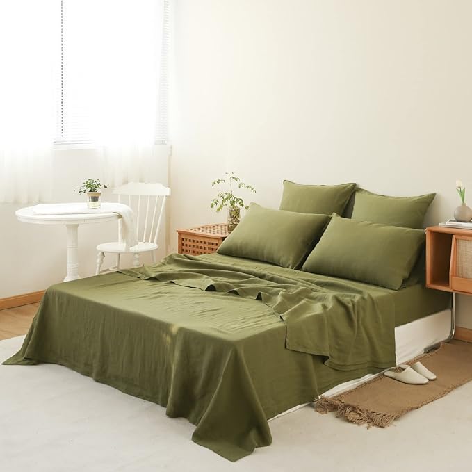 Simple&Opulence Washed Linen Bed Sheet Set Basic Style 4 Pieces (1 Flat Sheet & 1 Fitted Sheet & 2 Pillowcases) 100% Natural French Flax Soft Breathable Farmhouse Bedding (Queen, Olive Green)