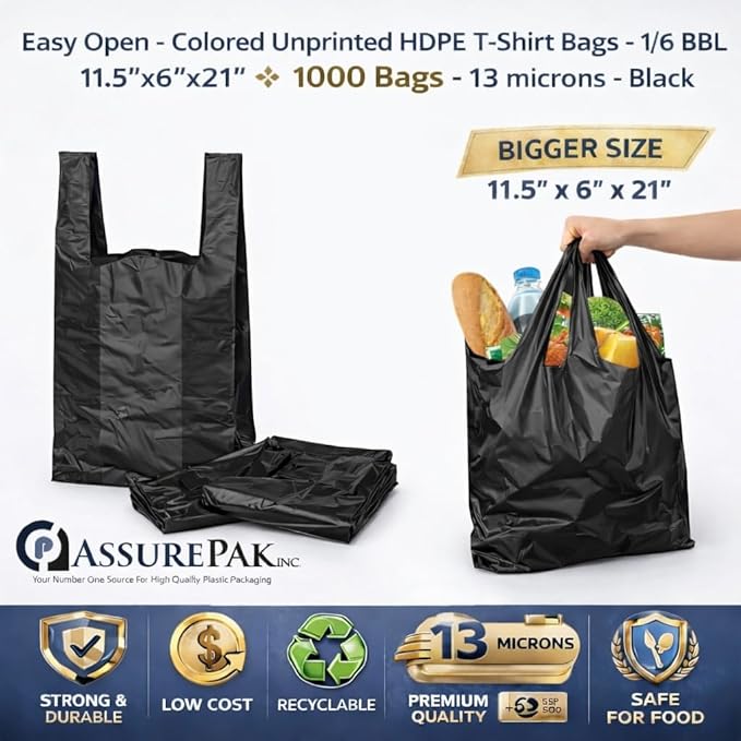ASSUREPAK Easy Open - 1000 Bags - Black Unprinted HDPE T-Shirt Bags - 1/6 BBL 11.5"X6"X21" - 13 microns - Black - LOOP-BLACK-EO