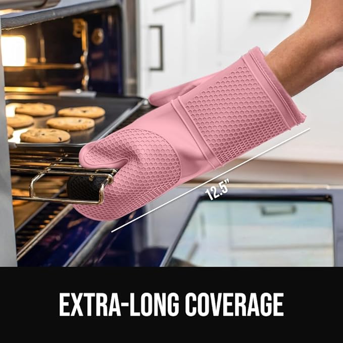 GORILLA GRIP BPA-Free Soft Silicone Oven Mitts, Heat Resistant and Waterproof Cooking Gloves, Thick Cotton Lining, Flexible Gripping for Baking Grilling, Kitchen Potholders Set of 2, 12.5x8.3, Pink