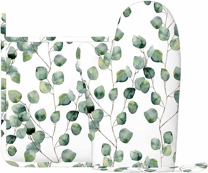 Mxocom Green Leaves Silicone Oven Mitts and Pot Holders Sets Eucalyptus Round Leaf Foliage Branches Twig Natural Plant Repeat BBQ Gloves for Kitchen,Cooking,Baking,Grilling