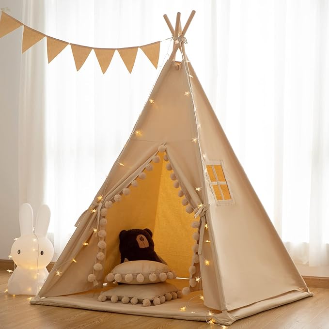 RONGFA Kids Teepee Tent with Lights &Large Pompoms & Carry Bag, Machine Washable Tent for Kids Indoor, Toddler Teepee for Girls & Boys（Without Mat）