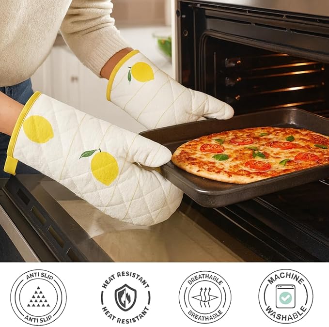 Oven Mitts (Set of 2) | Heat Resistant Oven Gloves Kitchen,Safe for Baking, BBQ, Grilling | Cooking Gloves | Soft & Durable | Machine Washable (Lemon Zest Print)
