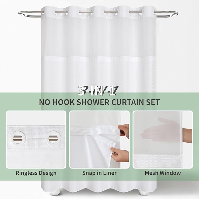 eachope Stall No Hook Shower Curtain with Snap-in Fabric Liner Set,Waffle Weave Shower Curtains for Bathroom,Hotel Luxury Decor Bathroom Curtain Set,Waterproof & Washable,White,36Wx74H
