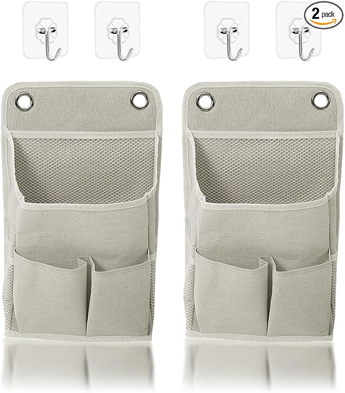 Tiiyee 2 Pack Wall Hanging Storage Bag, Wall Hanging Organizer Bag, Hanging Storage Basket with Pockets Sticky Hook Waterproof Bin Foldable Linen Fabric Basket for Bathroom Bedroom Office Home Kitchen