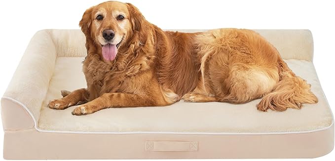 Aeroluxe Dog Bed Large Sized Dogs, XXL Orthopedic Dog Bed for Large Dogs, Waterproof Pet Bed with Washable Removable Cover, L-Shaped Pet Couch with Portable Handle 48"x35"x7.5", Beige