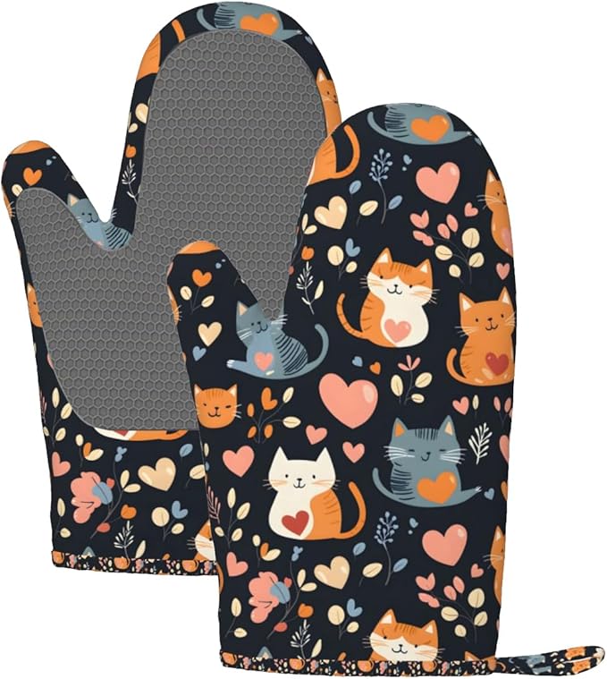 Oven Mitts 2 Pack, Silicone Kitchen Gloves, Heat Resistant with Non-Slip Grip and Soft Quilted Cotton Lining for Cooking Barbecue Backing (Cats and Hearts)