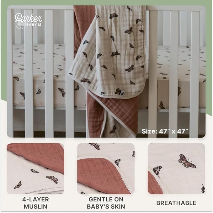 Parker Baby Muslin Blanket | 100% Soft Cotton Toddler Quilt & Baby Muslin Swaddle | Gender Neutral Design 47" x 47" Blanket