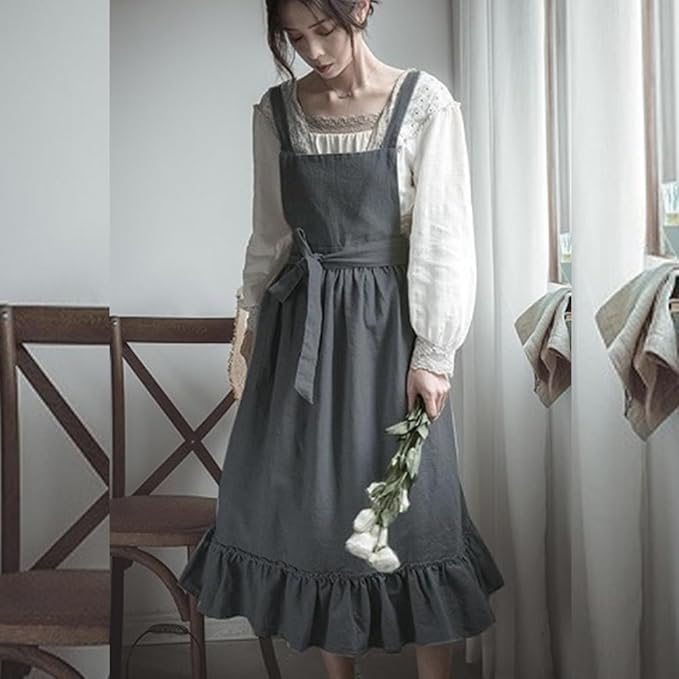 ODIZLI Frill Apron for Women Cotton Cross Back Vintage Ruffle Apron for Garden Cooking Aprons
