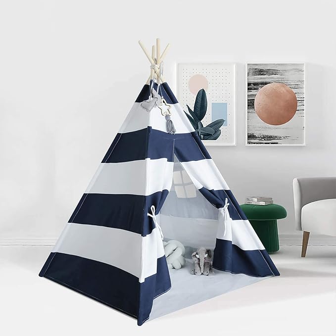 Ukadou Kids Teepee Tent for Boys Navy White Stripe Teepee Tent Indian Canvas Tents for Toddlers Indoor Playhouse Play Tent for Kids