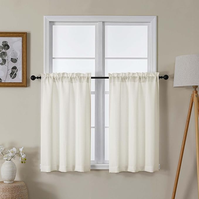 Lecloud Bessie Ivory Kitchen Curtains 36 Inch Length 2 Panels, Faux Linen Textured Half Curtains for Bedroom Bathroom, Farmhouse Window Short Curtain Tiers with Dual Rod Pocket, Each 30 W x 36 L