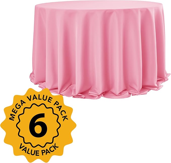 6-Pack Pink Round Tablecloths, 132 Inches, Stain-Resistant Polyester for 6-8 Ft Round Tables - Washable Table Covers for Weddings, Banquets, Birthday Parties, Events