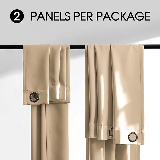 Rutterllow 100% Blackout Curtains, Full Shade 84 Inches Long Complete Drapes for Living Room,Thermal Insulated Bedroom Window Treatment Drapes (2Panels,Khaki,52x84inch)