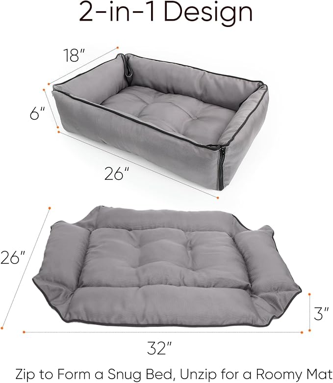FuzzyTrek Waterproof Oxford Dog Bed, Foldable Crate Mat for Small Medium Dogs, Orthopedic Pet Cushion with PP Cotton, Chew Resistant, Anti-Slip Base, Indoor Outdoor Washable Portable Bed, Gery