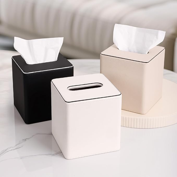 KINGFOM Leather Tissue Box Cover – Square Modern PU Leather Tissue Holder, Cube Tissue Dispenser for Home, Office, Bedroom, Bathroom – Elegant Minimalist Style (Ivory White-Square)