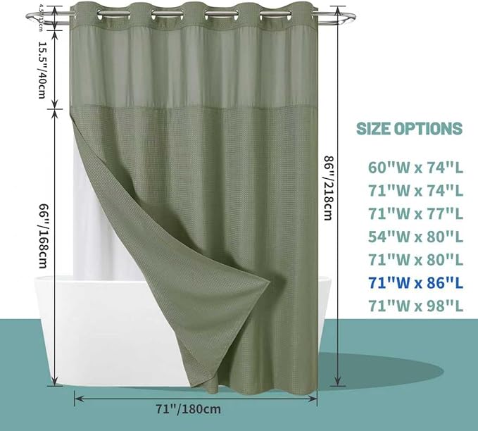 eachope SageGreen Extra Long No Hook Waffle Weave Shower Curtain with snap-in Liner Replacement, 230GSM Waterproof Fabric Hotel Shower Curtain Set for Bathroom, Through Mesh Top Window,71Wx86H