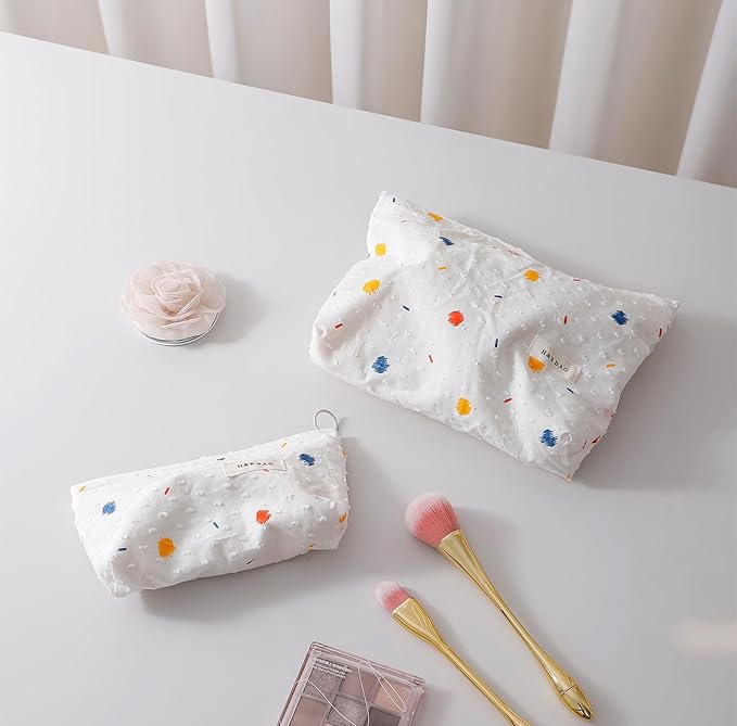 getgto 2 Pcs Makeup Bags, Large Cosmetic Bag Travel Toiletry Bag Organizer for Women, Embroidery Craft, Floral Makeup Bag Small Cosmetic Pouch Purse with Zipper, Gifts for Girls Teen (Colorful Dots)