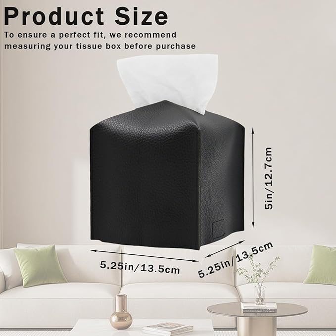 Hapforever 1PC Square Tissue Box Cover, PU Leather Square Tissue Box Holder with Bottom Belt Modern Tissue Box Organizer for Bathroom/Car/Hotel/Office (5.25”x5.25”x5”, Black)