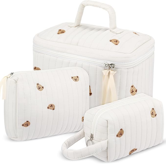 Paterr Makeup Bag Set 3 Pcs Large Quilted Cotton Make up Bags for Women Cosmetic Travel Toiletry Organizer Pouch Cute Aesthetic Storage Purse(White,Little Bear)