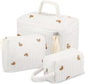 Paterr Makeup Bag Set 3 Pcs Large Quilted Cotton Make up Bags for Women Cosmetic Travel Toiletry Organizer Pouch Cute Aesthetic Storage Purse(White,Little Bear)
