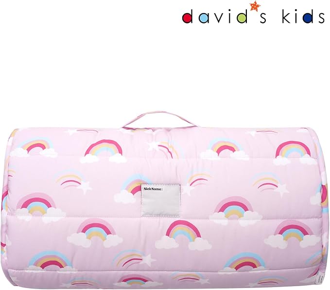 david's kids Toddler Nap Mat Set with Removable Pillow, Ultra Soft Slumber Bags for Girls，Perfect for Preschool, Daycare, Kids Sleeping Bags with Rollup Design, 50"x20", Rainbow