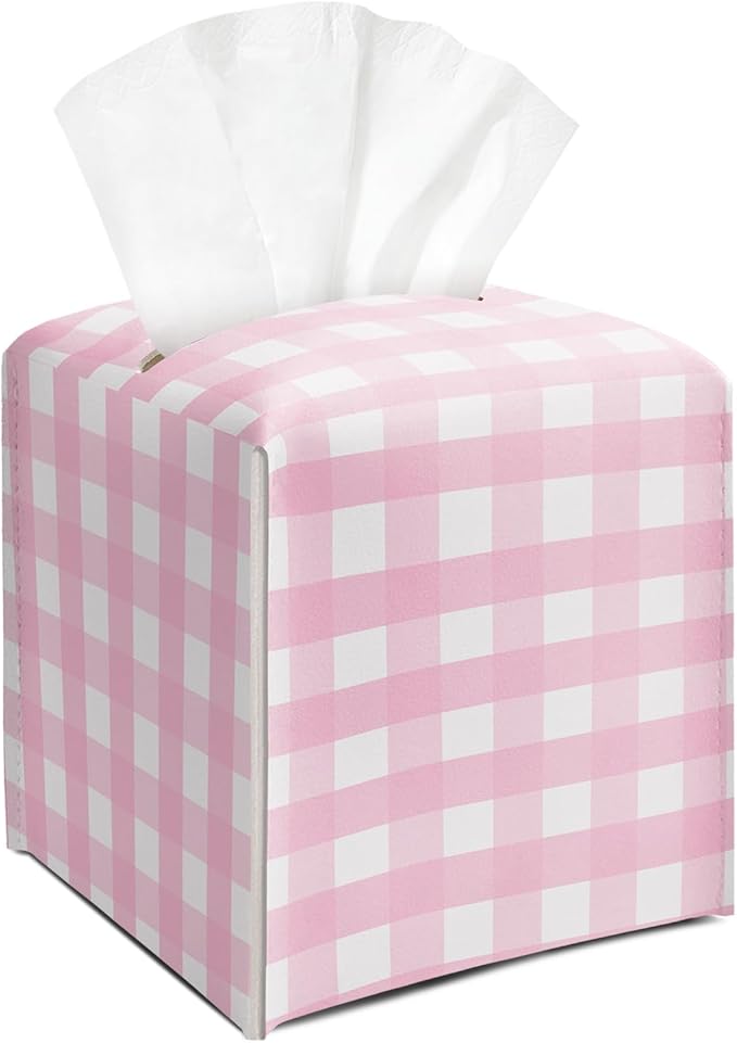 Pink and White Checkered Tissue Box Cover Square, Leather Tissue Holder with Bottom Belt, for Nightstands Desks Office Bathroom Car Vanity Home Decor Supplies -003