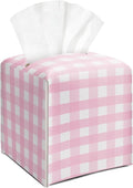Pink and White Checkered Tissue Box Cover Square, Leather Tissue Holder with Bottom Belt, for Nightstands Desks Office Bathroom Car Vanity Home Decor Supplies -003