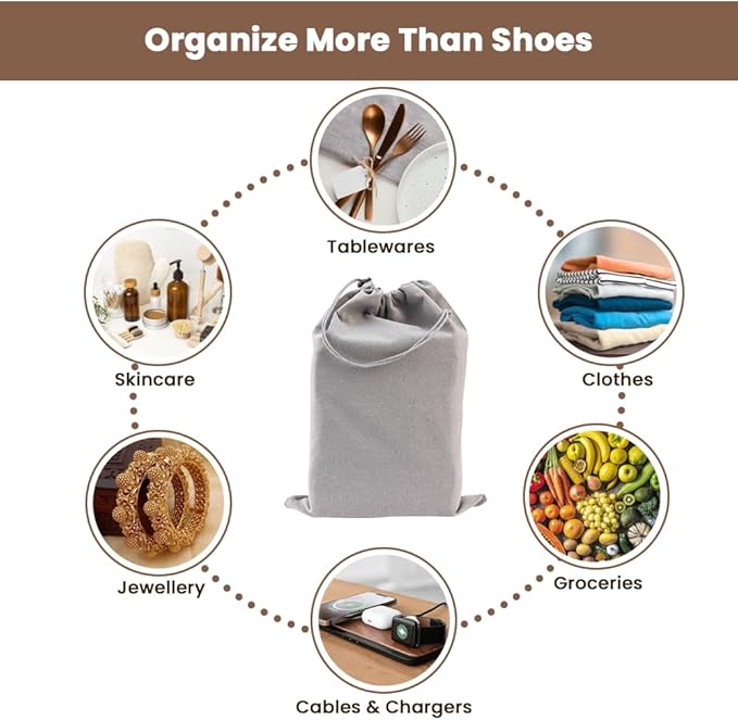 LFH Cotton Rich Shoe Storage Bags with Drawstring, Dustproof Breathable Reusable Organizer, Perfect For Travel, Dorm, Hotel, College, Gym, Easy to Carry, Machine Washable 12"x17" (Pack of 6) - Grey