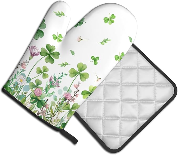 Shamrock Green Oven Mitts and Pot Holders 2Pcs, Spring Green Leaf Daisy Floral Chef Cooking Baking Gifts Oven Gloves Hot Pads Farmhouse Kitchen Accessories for BBQ Cooking Baking