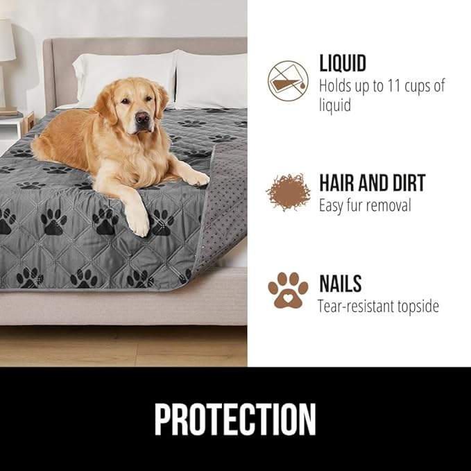 GORILLA GRIP Waterproof Bed Cover for Dogs, 82x82, Gripped Slip Resistant Backing, Leak Proof Washable Dog Blanket Covers Sofa, Couch, Sectional, Crate, Car, RV Seats, Pet Puppy Essentials, Gray Paw