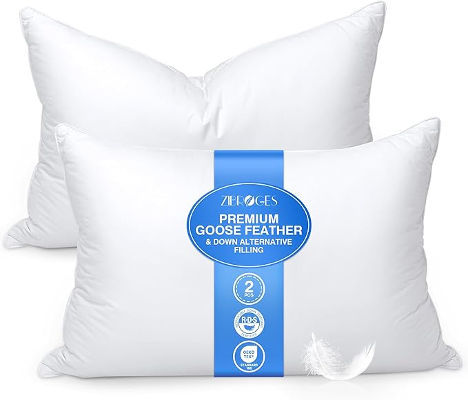zibroges Feather Pillows Queen Size Set of 2 - Goose Down Hotel Bed Pillow for Sleeping, Soft 600 Thread Count Cotton Cover, Fluffy Support Surround Fill Polyester for Side, Back, Stomach Sleepers