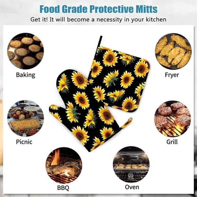 Mxocom Sunflowers Oven Mitts and Pot Holders Sets Flowers, Buds and Leaves on Black Background Silicone Heat Resistant Kitchen Oven Gloves Pot Holder for Cooking