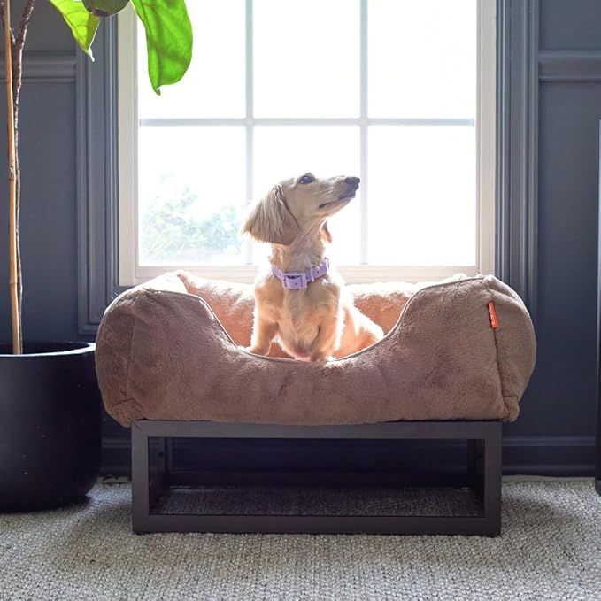 FUZI Elevated Dog Bed Small with Extra Cover, Luxury Raised Pet Bed, Removable and Machine Washable Cover, Indoor/Outdoor Orthopedic, Small 25.1x16.75x18 Light Brown and Black Base