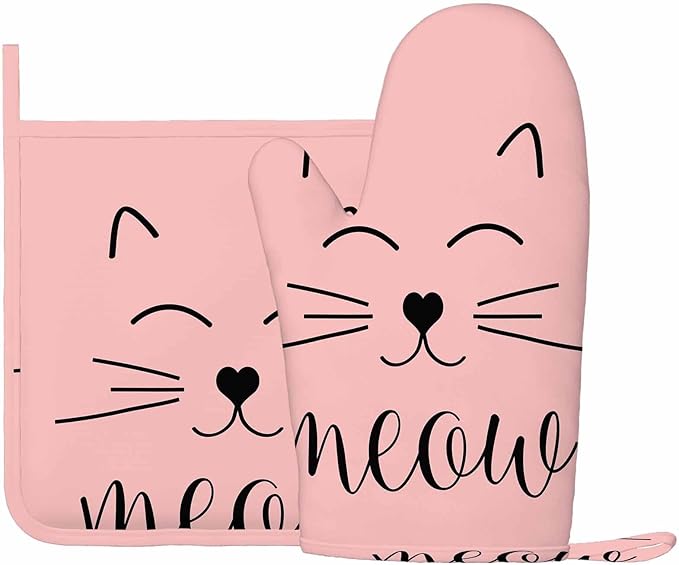 Mxocom Cat Welcome Silicone Oven Mitts and Pot Holders Sets Cute Cat Smile Face Graphic BBQ Gloves for Kitchen,Cooking,Baking,Grilling