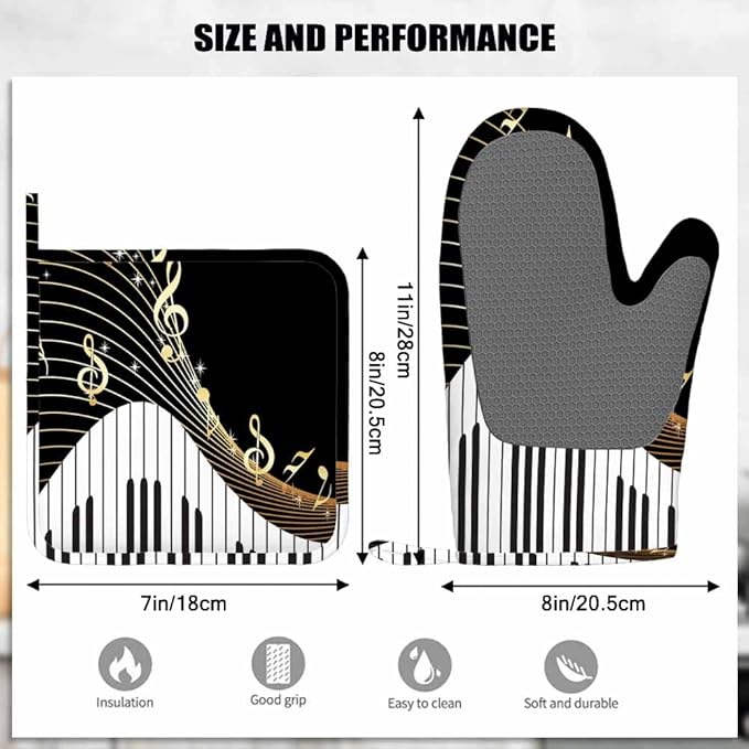 Mxocom Piano and Music Note Heat-Resistant Oven Mitts and Pot Holder Instrument Melodic Letter Twinkle Black Kitchen Non-Slip Cooking Microwave Gloves for Cooking Baking Grilling