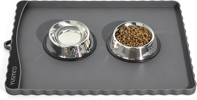 YUSMOO Dog Food Mat 20" x 15", Waterproof Silicone Pet Feeding Mat with Raised Edge & Residue Pocket, Non-Slip Bowl Mat for Dog Cat Food and Water, Easy to Clean Floor Protector