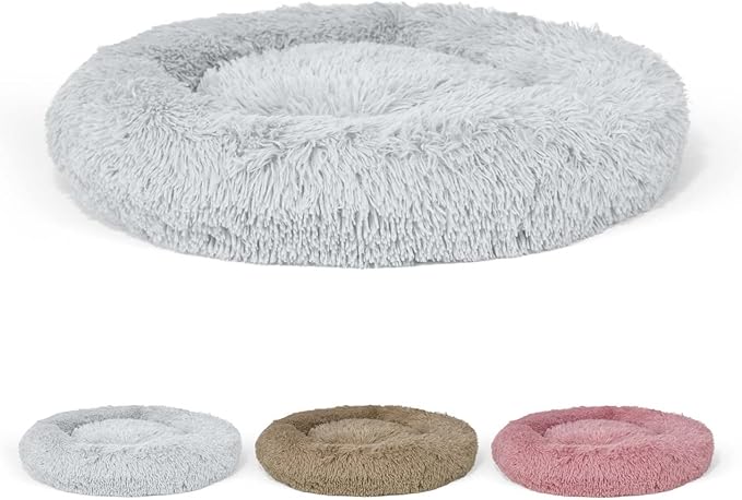 BOWHAUS 24/30 Inch Calming Donut Pet Bed for Small/Medium Cats and Dogs, Anti-Slip Bottom, Washable, Anti-Anxiety Fluffy Round Cat Bed, Indoor Shaggy Cuddler Cotton Candy Brown, Light Gray, Pink Bed