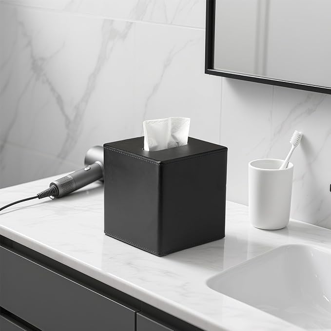 2 Pack PU Leather Tissue Box Cover Square Tissue Box Holder with Magnetic Closure, Black Tissue Box Cover, Black Tissue Box Holder, Decorative Tissue Holder for Bathroom Bedroom Office