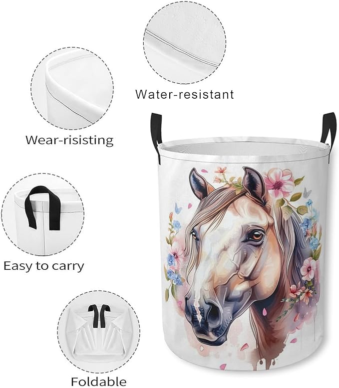 Laundry Basket Floral Horse Collapsible Laundry Hamper with Handles Clothes Storage Bin for Household Bedroom Bathroom College Dorms