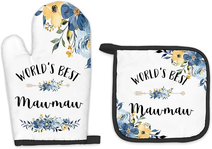 Mawmaw Gifts Oven Mitts and Pot Holders Sets, Gifts for Mawmaw from Grandkids Kitchen Decor Accessories Sets, World’s Best Mawmaw Heat Resistant Oven Glove Potholders for Kitchen Cooking