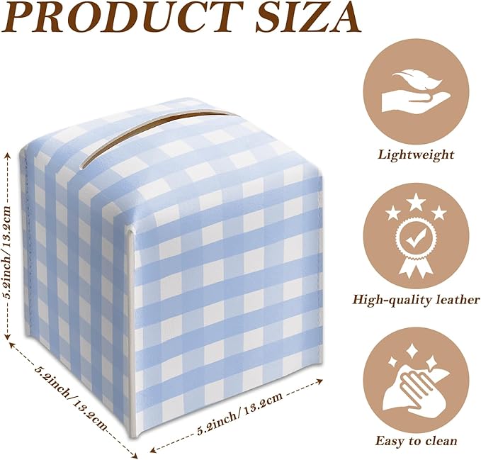 Blue and White Gingham Tissue Box Cover Square, Leather Tissue Holder with Bottom Belt, for Nightstands Desks Office Bathroom Car Vanity Home Decor Supplies -002