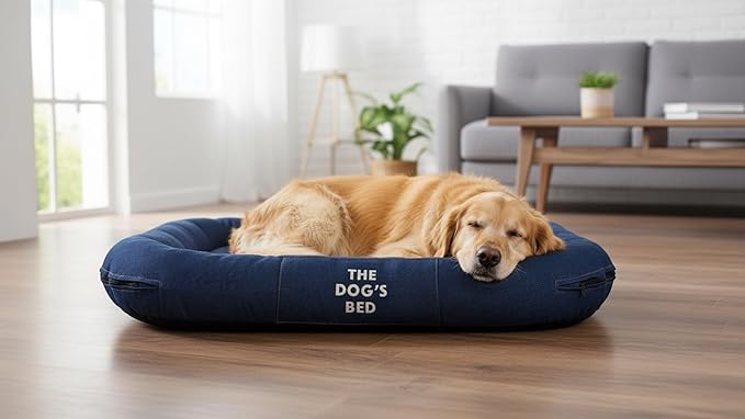 The Dog’s Bed Utility Waterproof Dog Bed, Large, Blue Denim – Durable Outdoor Denim Fabric, Tough YKK Zippers, Washable Removable Reversible Cover, for Home Car Crate Kennel & Yard