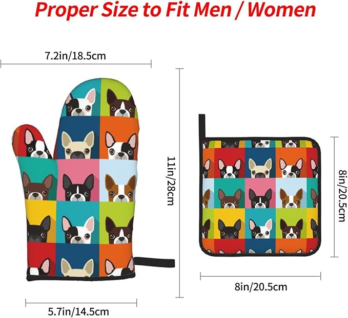 Boston Terrier Dog Oven Mitts and Pot Holders Set of 4, Oven Mittens and Potholders Heat Resistant Gloves for Kitchen Cooking Baking Grilling BBQ