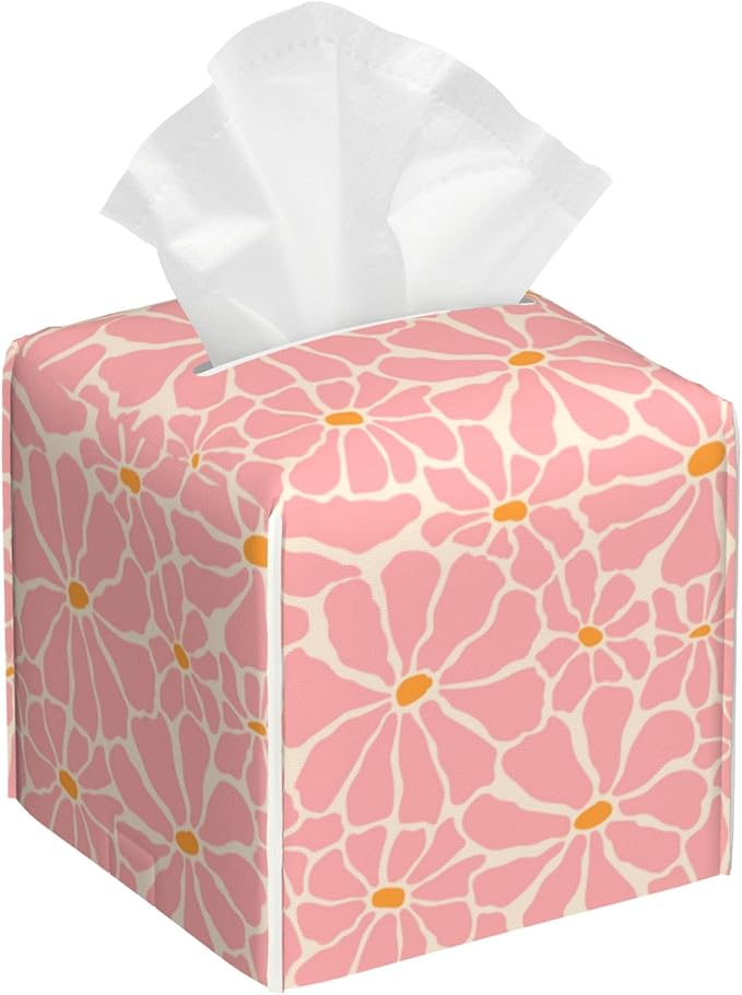 BLYKVGHQ Pink Retro Groovy Flower Tissue Box Cover Square, Tissue Box Holder with Bottom Belt Leather Facial Paper Organizer Dispenser for Bathroom Bedroom Dresser Night Stand Tabletop