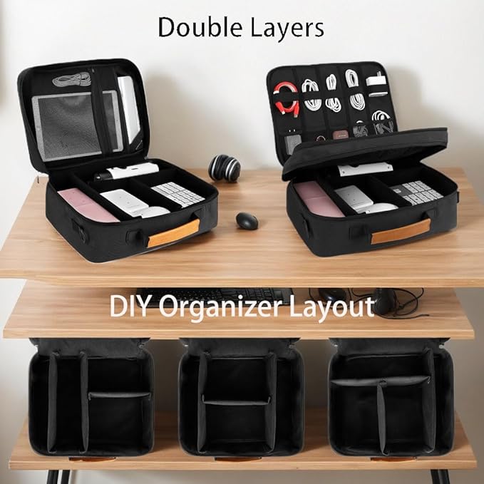 Yzawotk Extra Large Electronics Organizer Travel Case, Cable Organizer Bag with Shoulder Strap, Electronics Accessories Storage Double Layer Bags for Cord, Tablet, Headphone, Charger, Tools, DJ Gifts