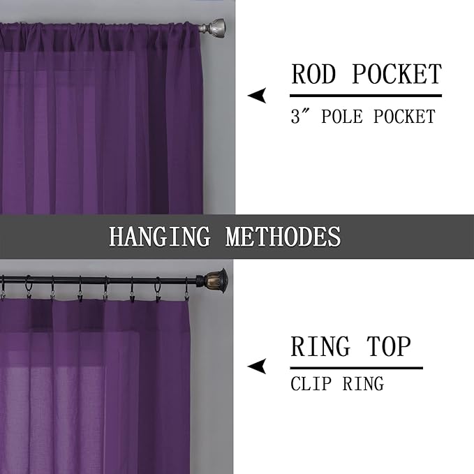 Tollpiz Sheer Curtains Linen Textured Living Room Curtain Sheers Light Filtering Rod Pocket Voile Curtains for Bedroom, 42 x 63 inches Long, Royal Purple, Set of 2 Panels