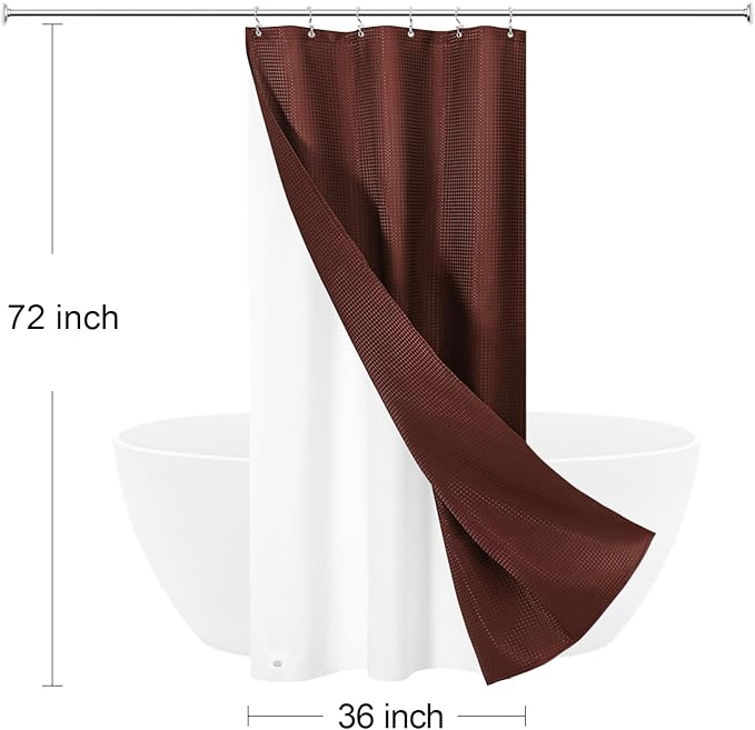 Craidlela 3 in 1 Stall Half Size Brown Shower Curtain Set-36 W x 72 H, Modern Waffle Waterproof Fabric and PEVA Liner Set with Stainless Steel Hooks