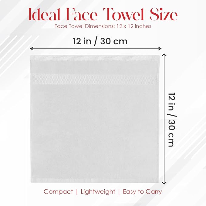 RIVERSIDE 12 Pack Premium 100% Cotton Face Wash Cloths, 12 x 12 Inches, Soft & Absorbent Face Towels for Bathroom Wash Clothes, 550 GSM, Luxury WashCloths for Showering, Body, Spa & Gym, White