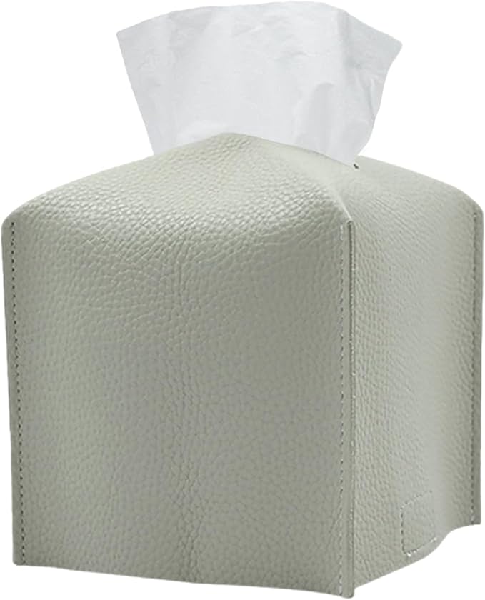 Hapforever 1PC Square Tissue Box Cover, PU Leather Square Tissue Box Holder with Bottom Belt Modern Tissue Box Organizer for Bathroom/Car/Hotel/Office (5.25”x5.25”x5”, Grey)