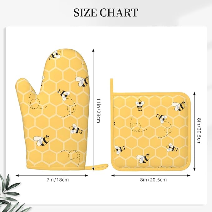 Oven Mitts and Potholders Yellow Bees Honey Silicone Glove Heat Resistant, Kitchen Gloves for Cooking, 2-Piece Set